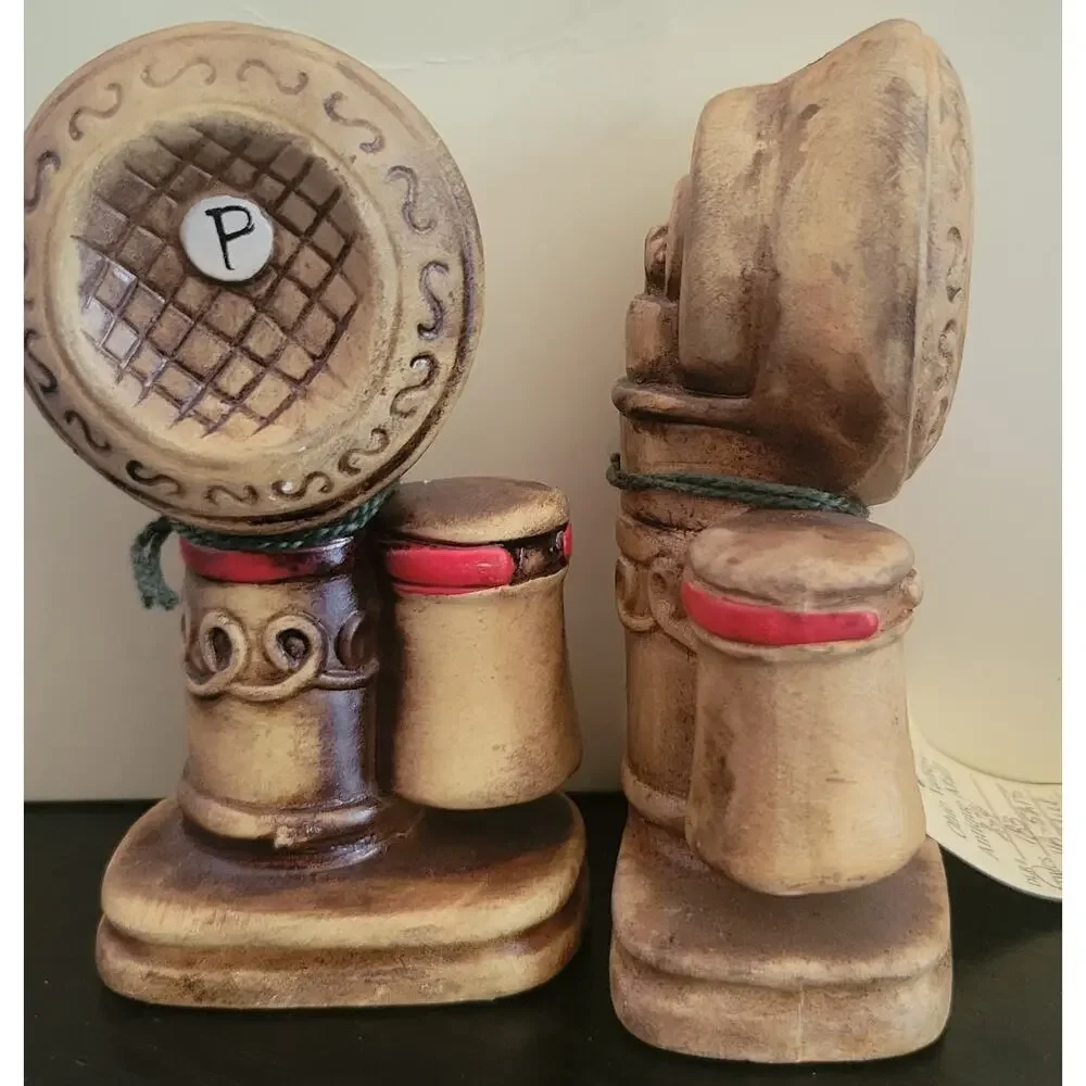 Vtg Candlestick Telephone Salt & Pepper Shakers 1800s Style Brown Ceramic